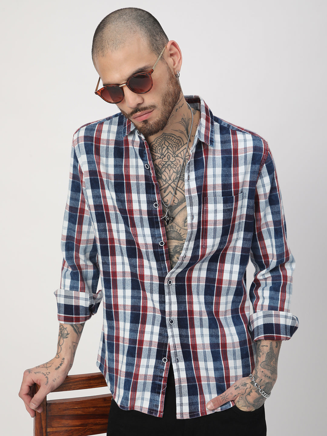 Denim Red & Navy Plaid Checks Shirt