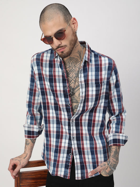 Denim Red & Navy Plaid Checks Shirt