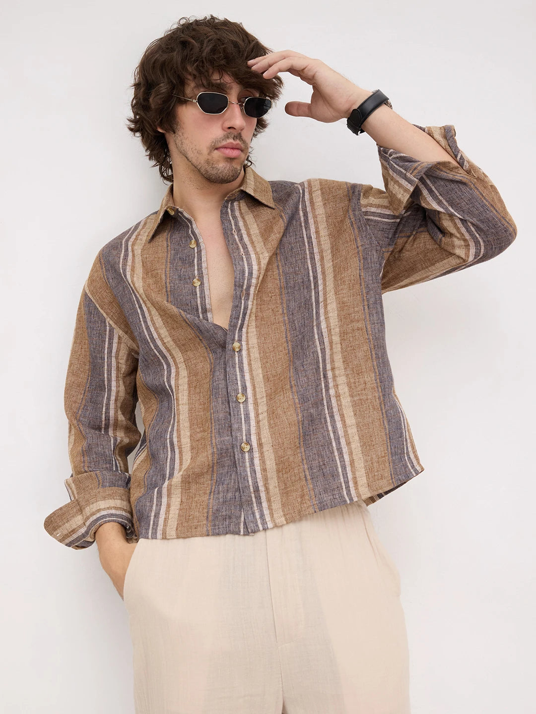 Earthy Brown & Navy Textured Striped Boxy Fit Crop Shirt
