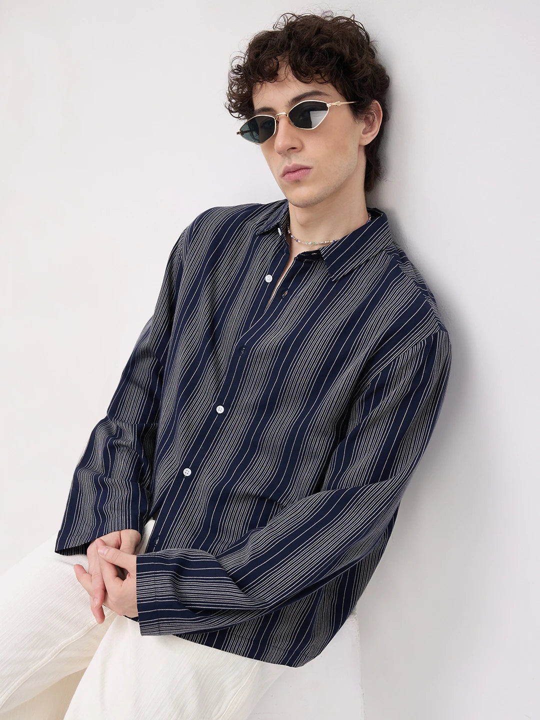 Navy Coastal Night Cuffless Oversized Shirt