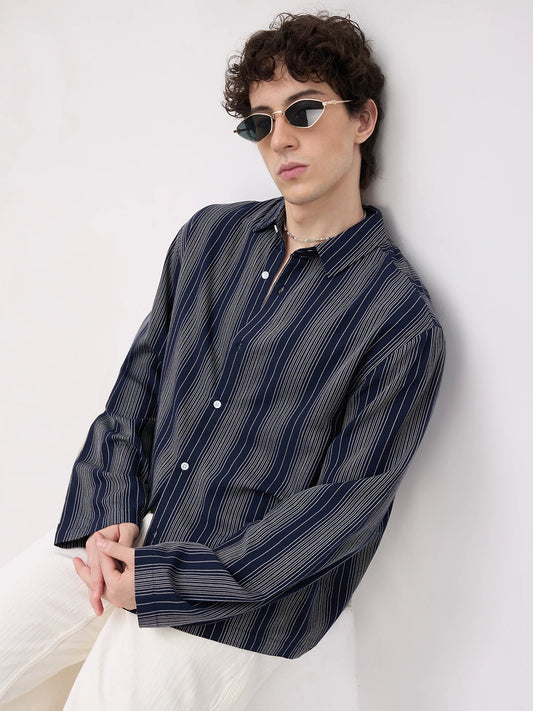 Navy Coastal Night Cuffless Oversized Shirt