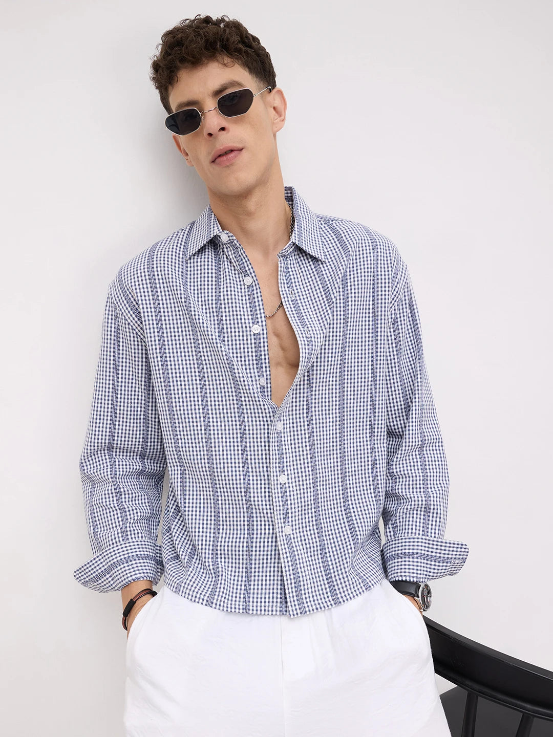 Breezy Blue Vacation Checks Boxy Fit Crop Shirt