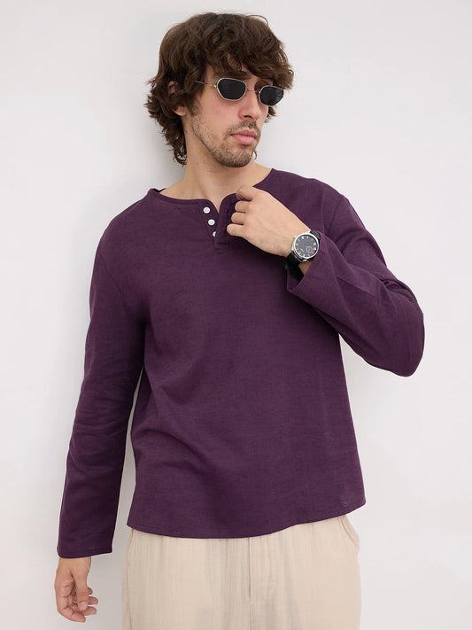 Luxe Plum Linen Blend Henley Neck Oversized Shirt