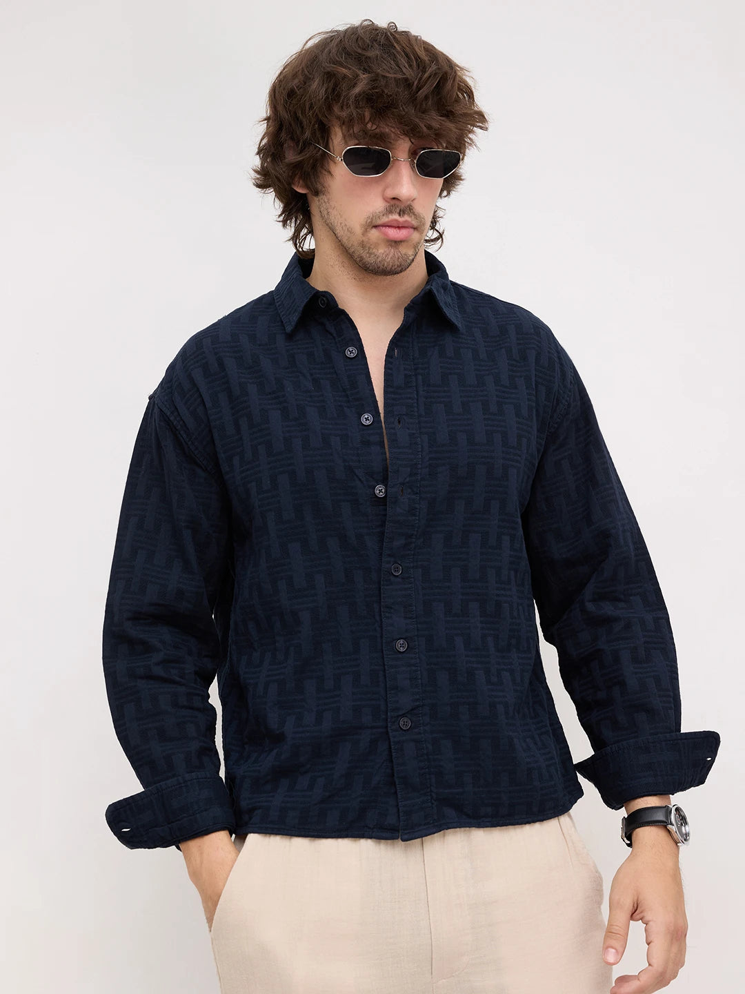Distinguished Navy Architectural Weave Boxy Fit Crop Shirt