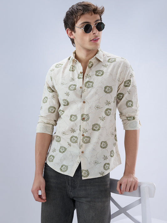 Elegant Warm Beige & Green Embroidered Linen Blend Statement Shirt