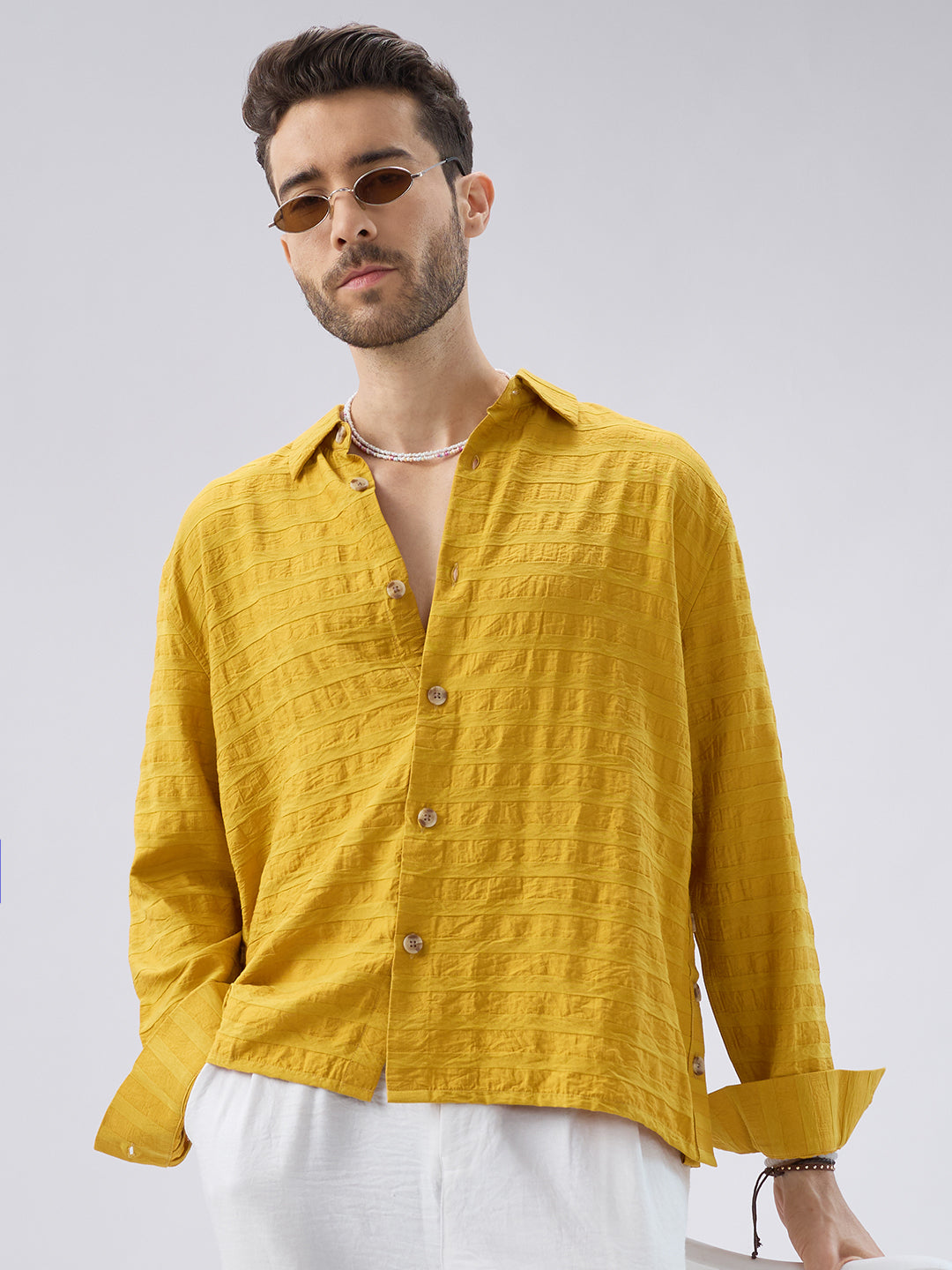 Golden Hour Textured Side-Slit Button Oversized Crop Shirt