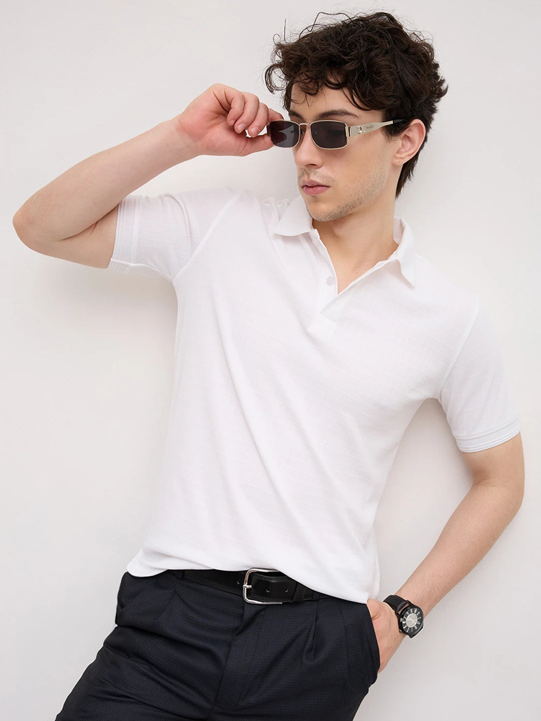 Cloud White Checks Weave Polo Tee