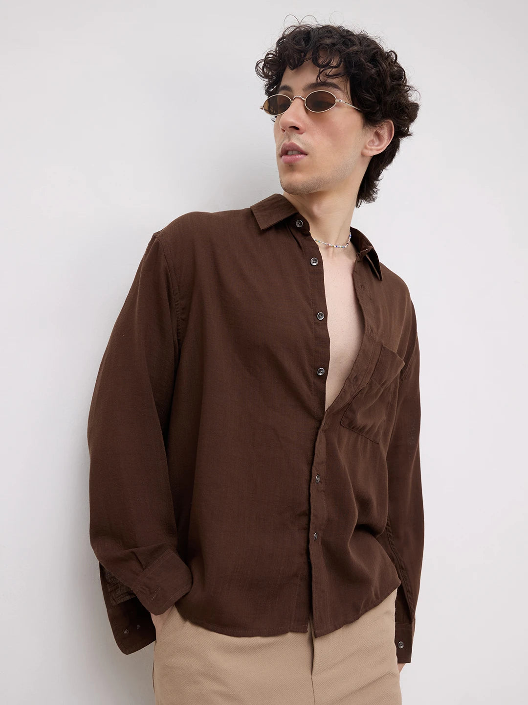 Classic Coffee Brown Boxy Fit Crop Shirt