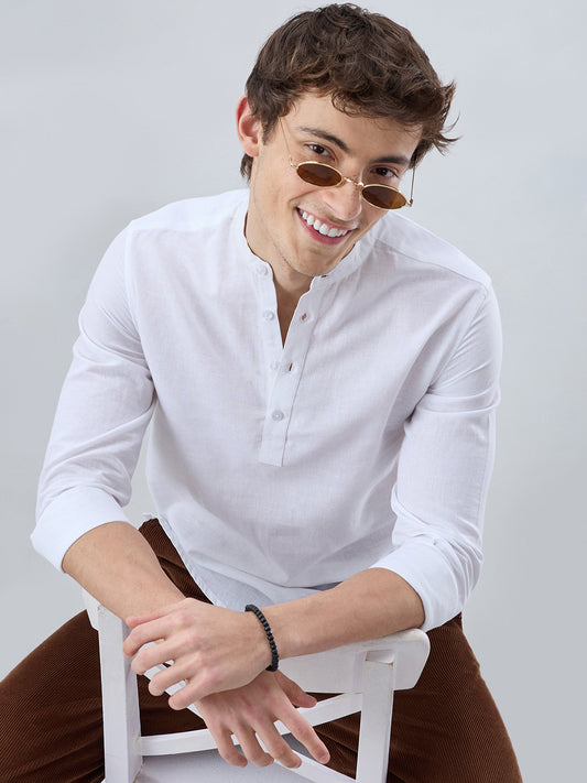 Pearl White Slub Textured Linen Blend Kurta