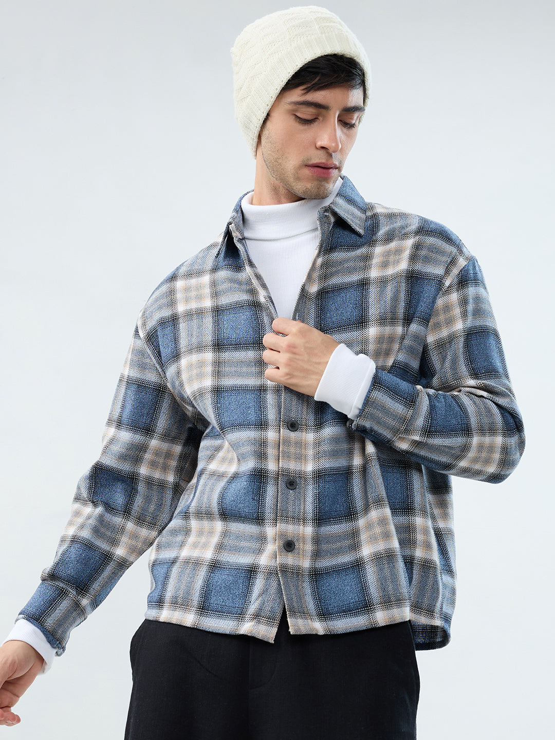 Aegean Blue Checkered Boxy Fit Crop Shirt