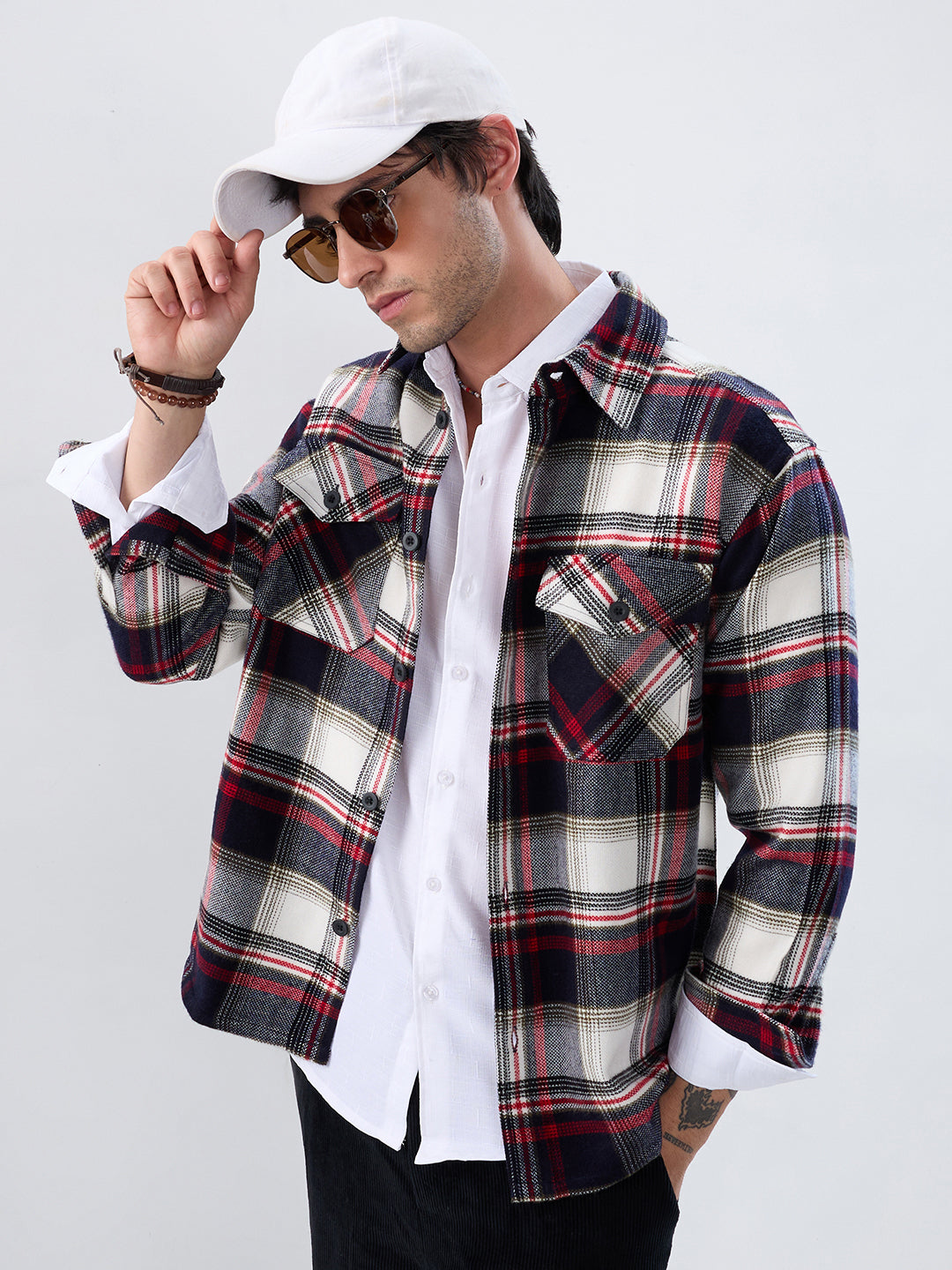 Elevated Crimson Black Winter Checks Double Pocket Flannel Shirt