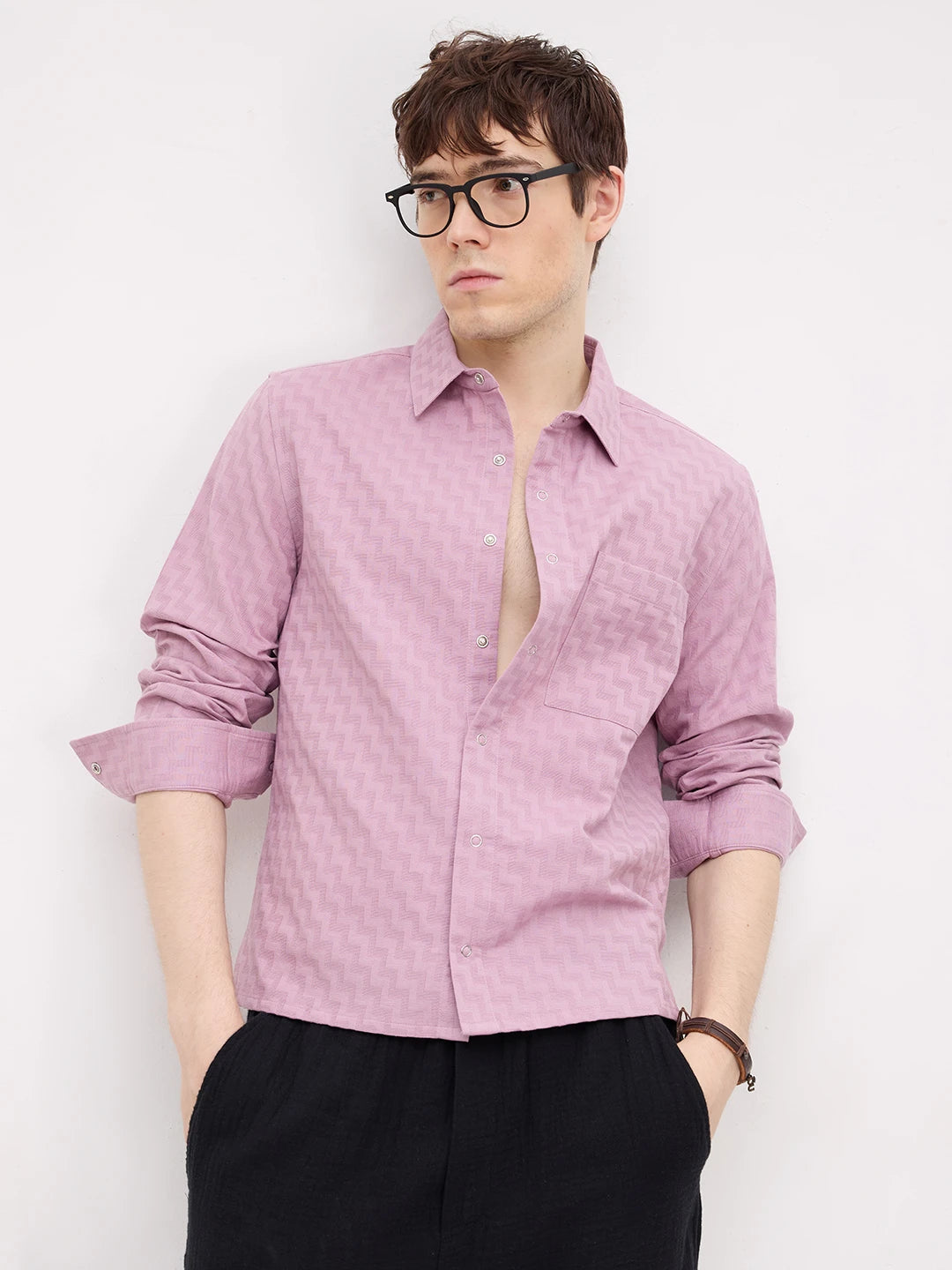 Luxe Mauve Pink Maze Textured Straight Hem Crop Shirt