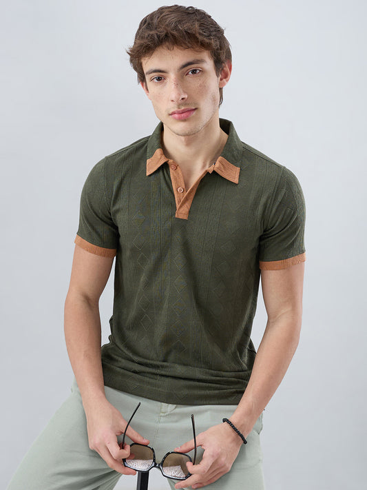 Olive Contrast Polo Neck Knit T-shirt