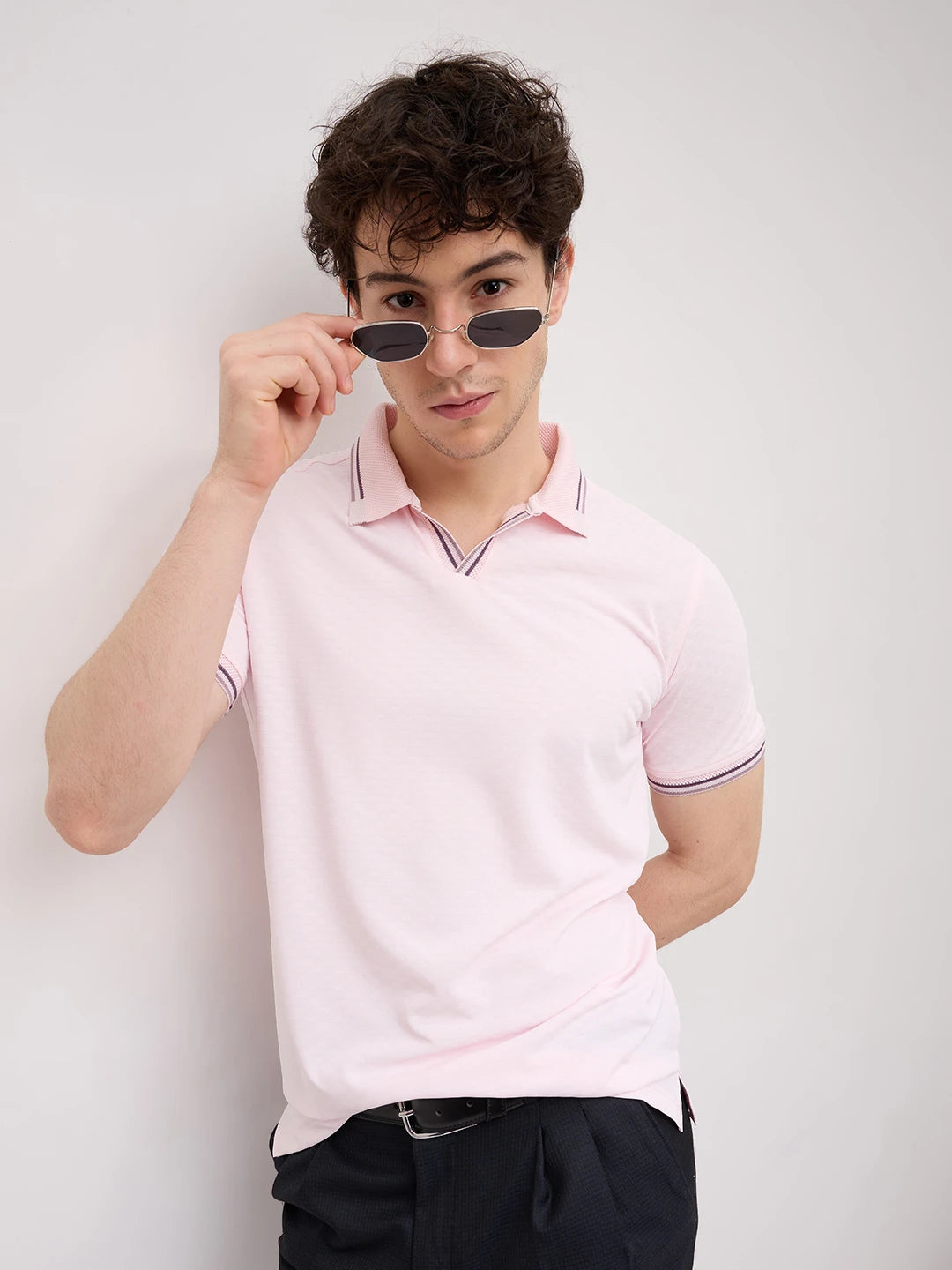 Soft Pink Contrast Knit Collar Tee