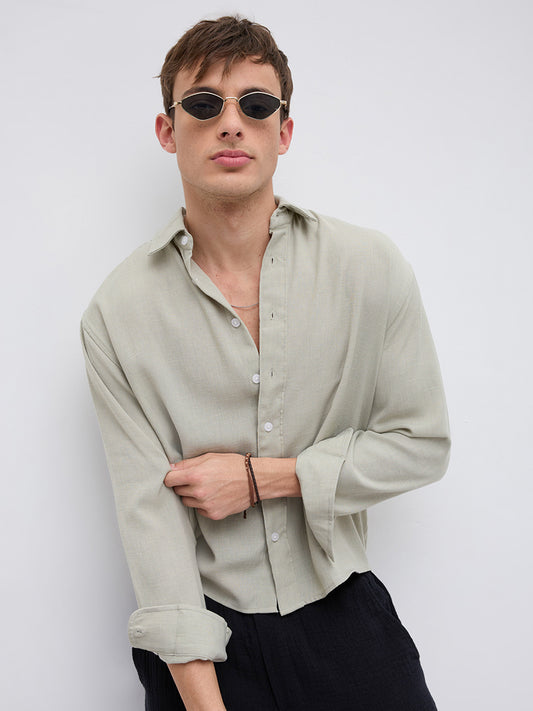 Sage Green Fine Weave Boxy Fit Crop Shirt