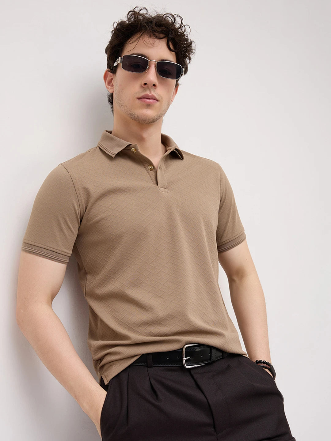 Khaki Diamond Weave Polo Knit T-Shirt