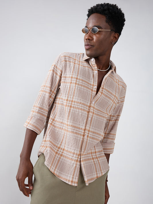 Grey & Rust Plaid Checks Crinkled Shirt