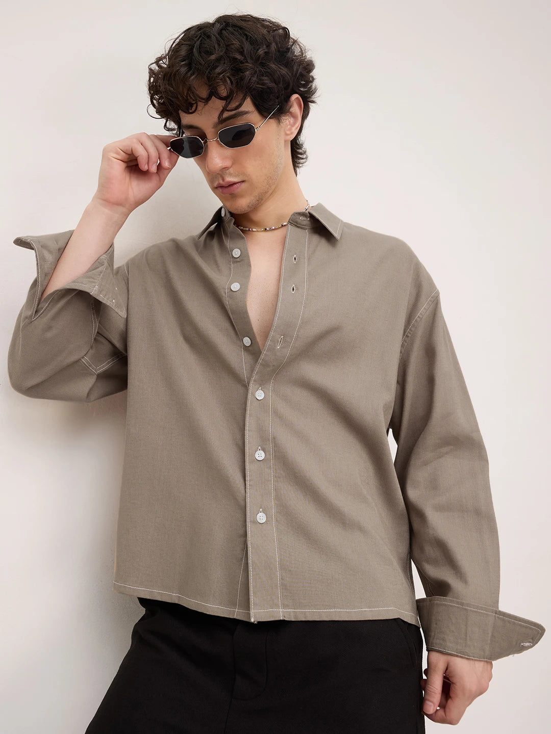 Luxe Soft Khaki Linen Blend Boxy Fit Crop Shirt
