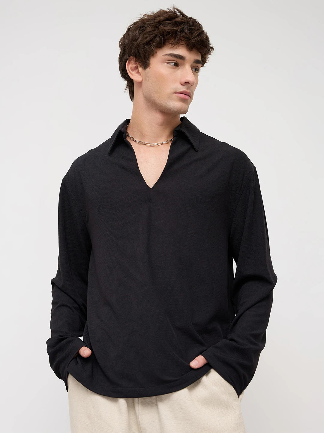 Timeless Black Oversized Knitted Polo Shirt