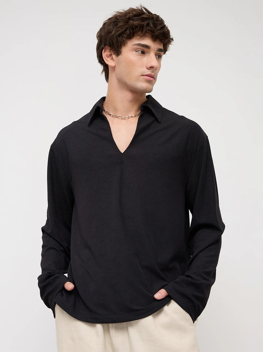 Timeless Black Oversized Knitted Polo Shirt