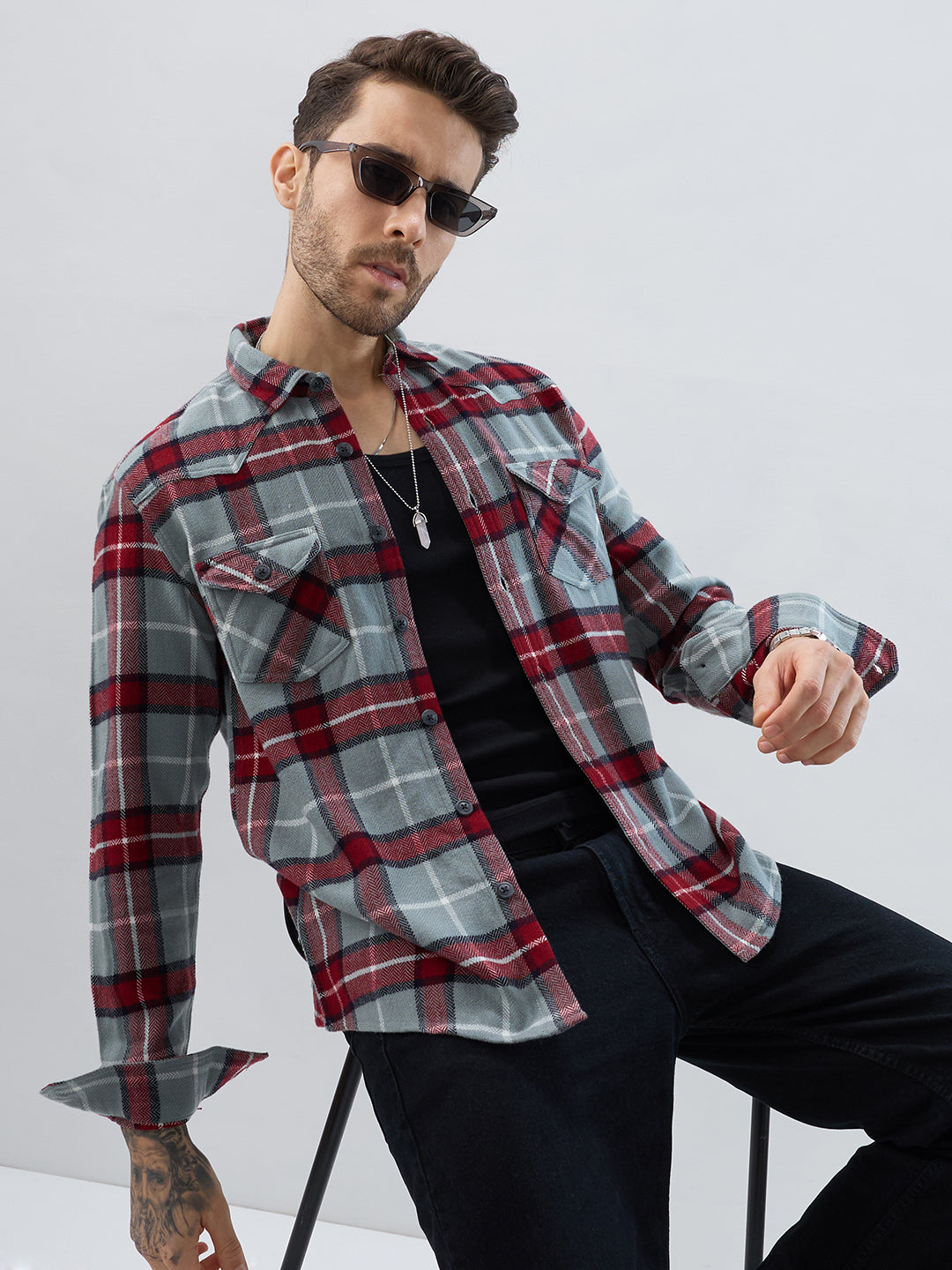 Grey & Red Tartan Checked Double Pocket Flannel
