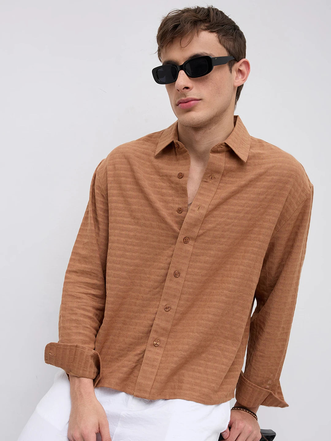 Burnt Ember Brown Block Weave Boxy Fit Crop Shirt