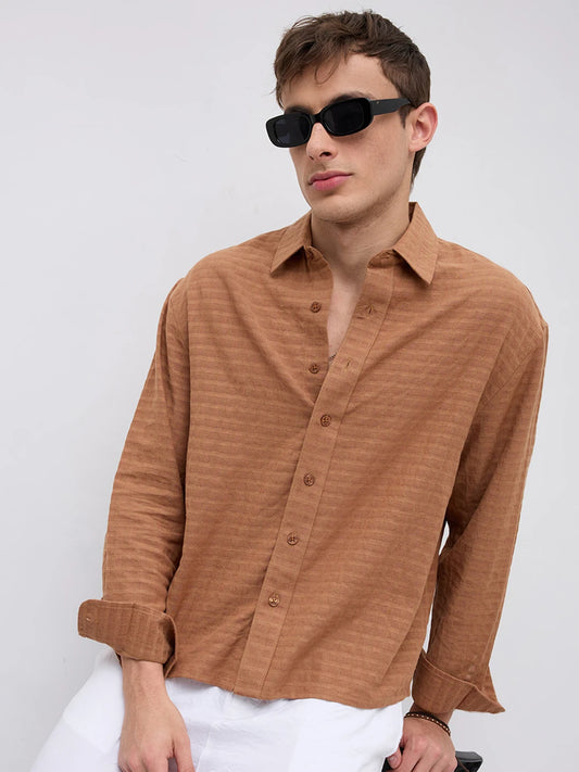 Burnt Ember Brown Block Weave Boxy Fit Crop Shirt