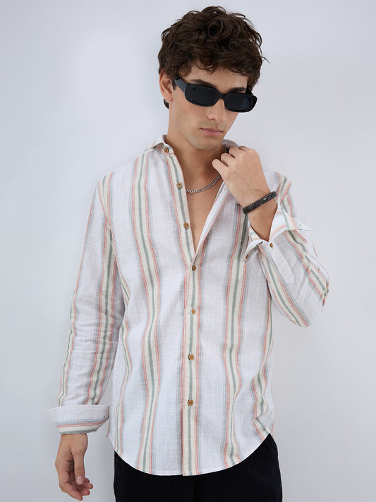 Olive Multi Striped Slub Textured Shirt
