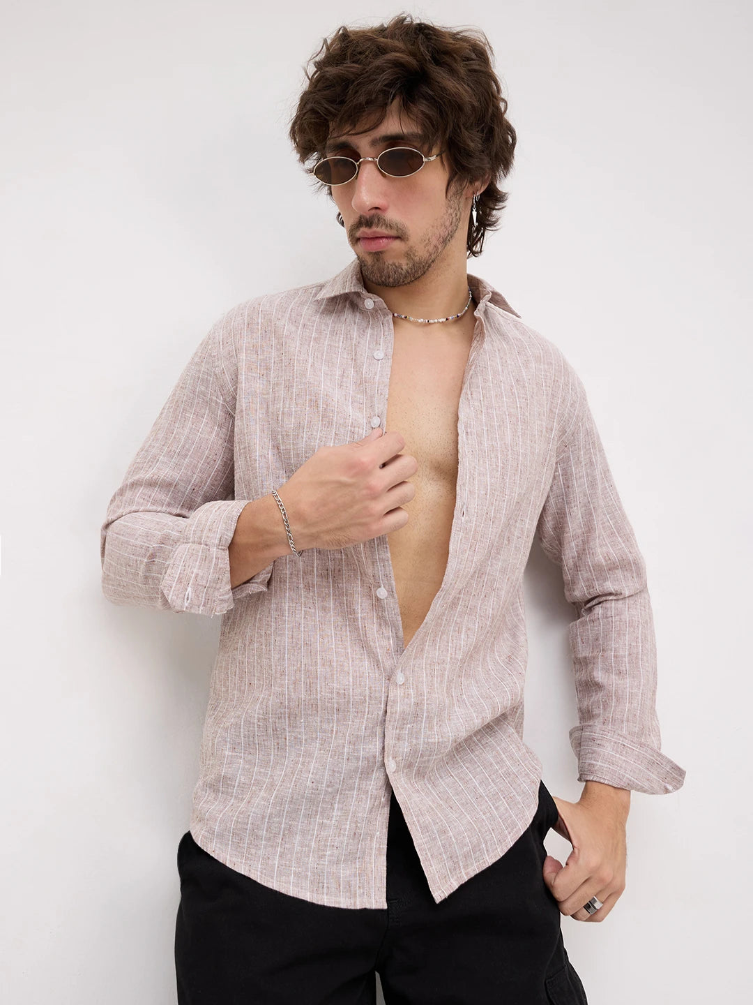 Classic Brown Melange Pinstriped Shirt