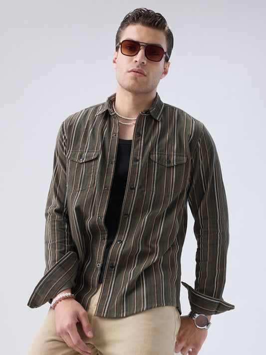 Forest Vibe Multi-Stripe Olive Twin Pocket Corduroy Shirt