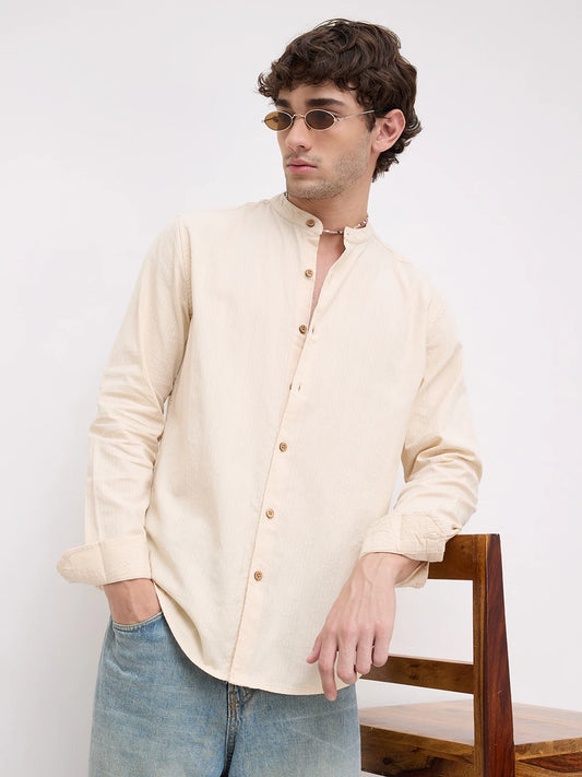 Bisque Beige Seersucker Striped Mandarin Shirt