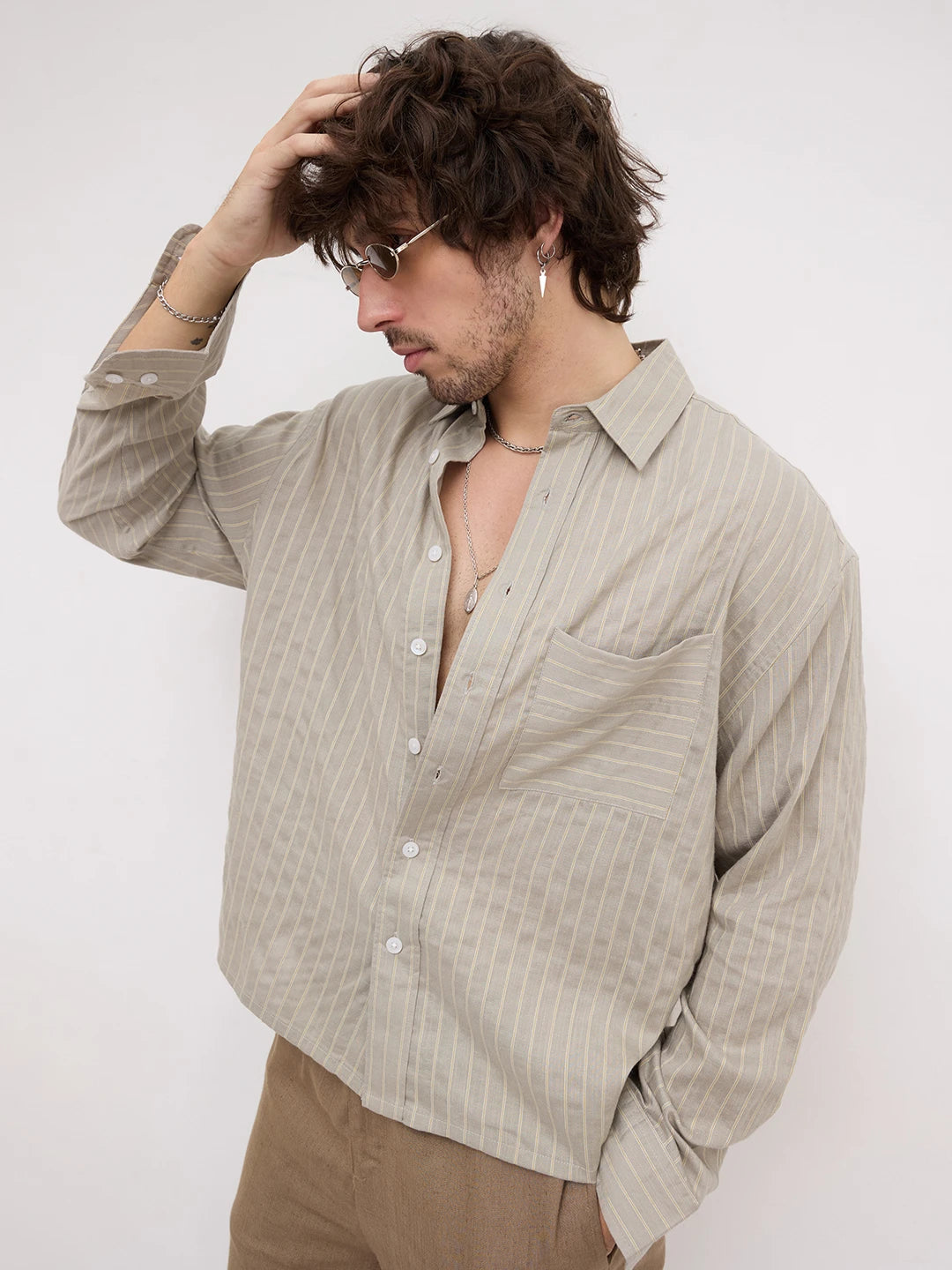 Natural Taupe Pinstripe Boxy Fit Crop Shirt