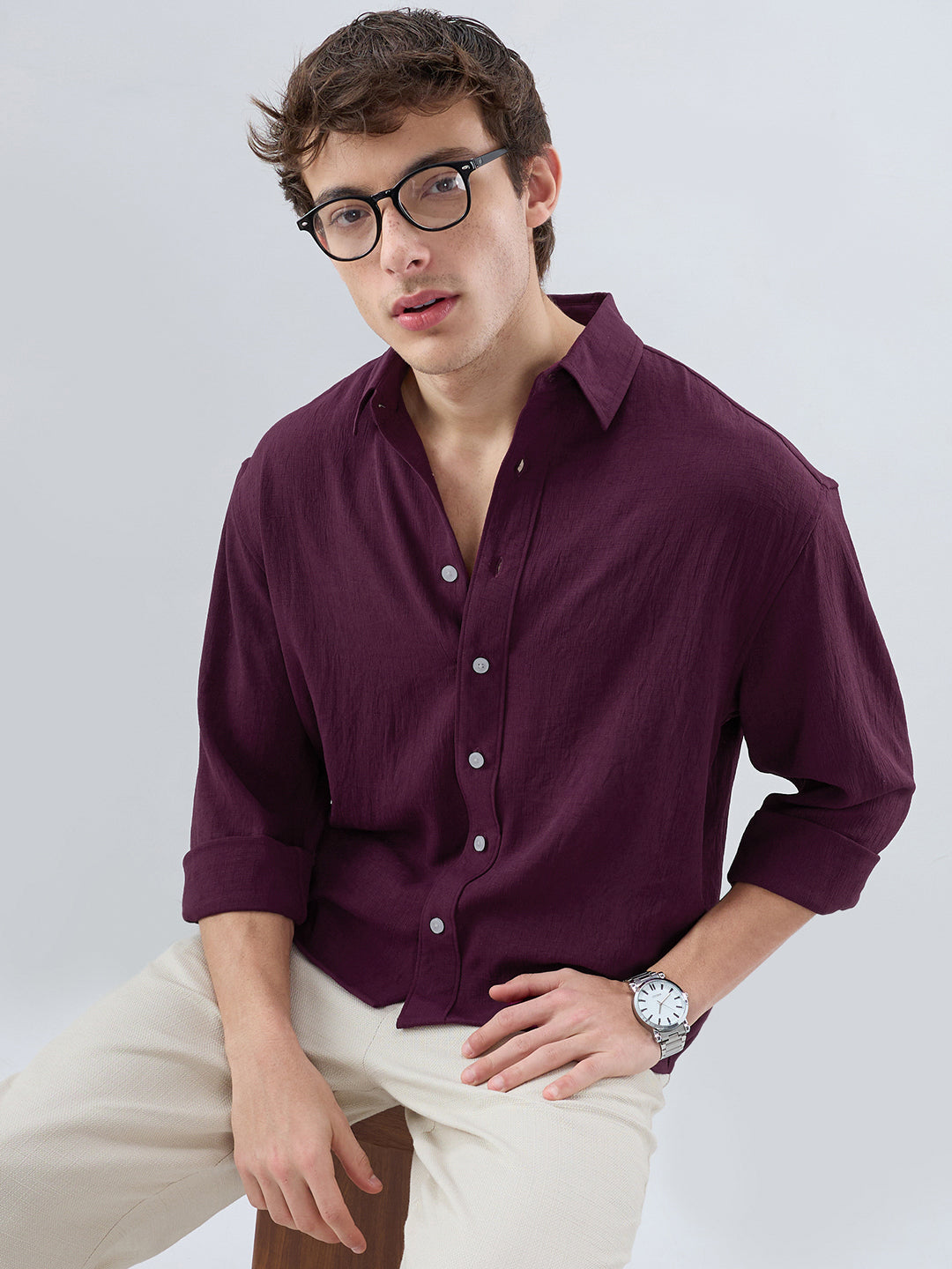 Deep Maroon Soft Crush Fine Grid Textured Boxy Fit Crop Shirt