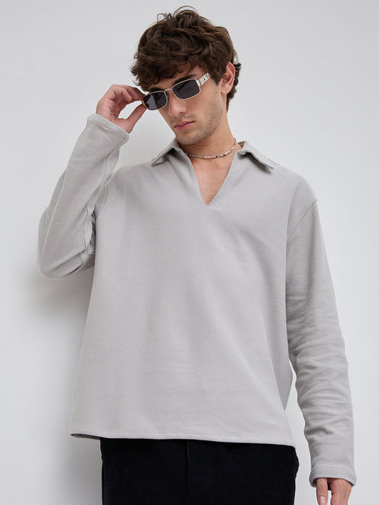 Grey Honeycomb Textured Knitted Oversized Polo Shirt