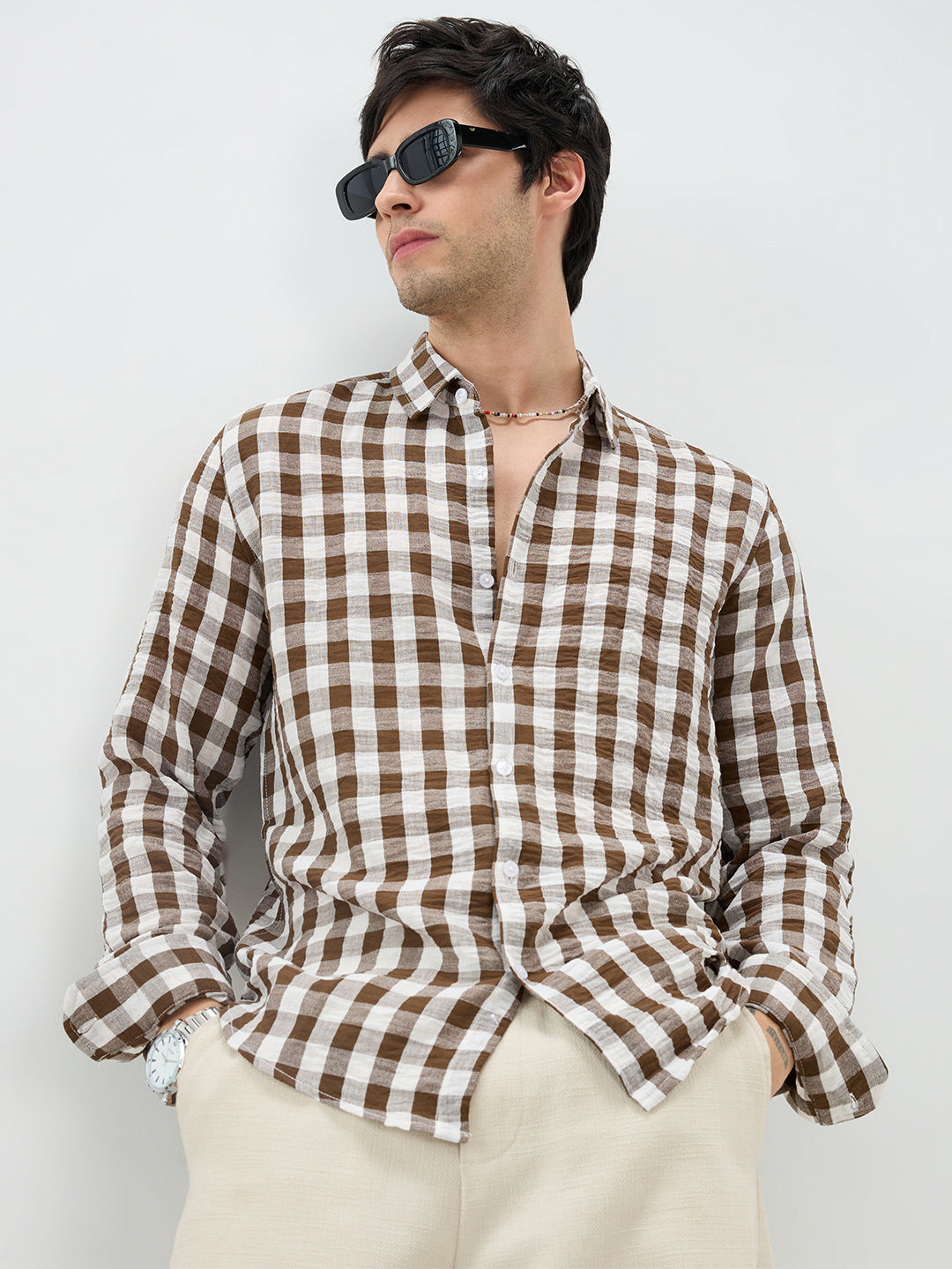 Cocoa Brown & White Gingham Checks Shirt