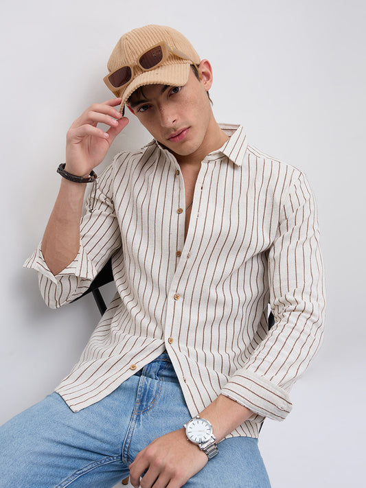 Ivory & Coffee Brown Saddle Weave Contrast Stripe Shirt