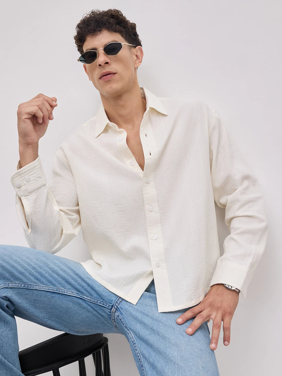 Pearl White Double Cloth Seersucker Striped Boxy Fit Crop Shirt