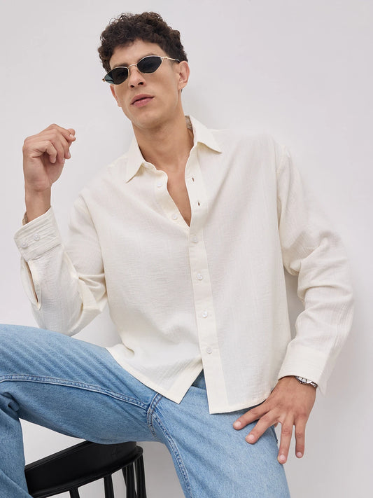 Pearl White Double Cloth Seersucker Striped Boxy Fit Crop Shirt