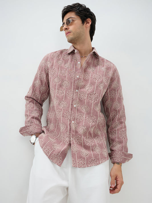 Turkish Rose Pink Floral Embroidered Slub Shirt
