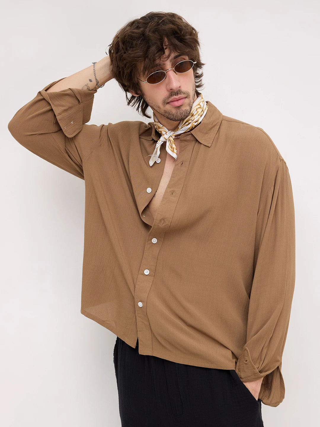 Chocolate Brown Crepe Textured Boxy Fit Crop Shirt