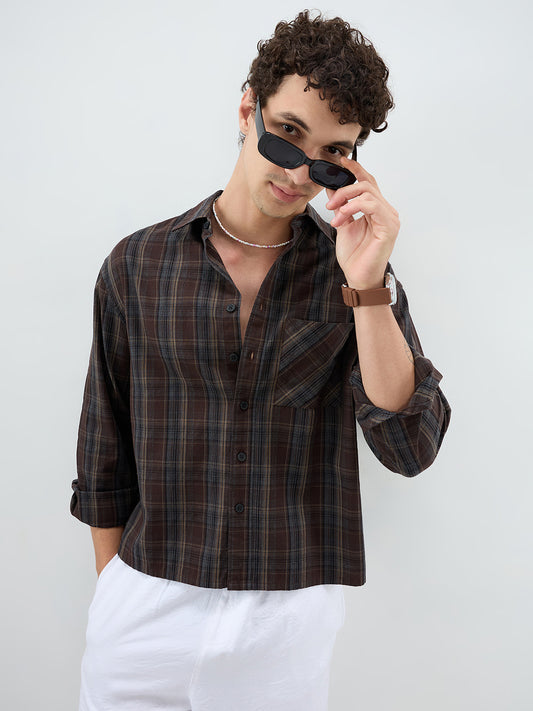 Rich Brown Multi Line Checks Boxy Fit Crop Shirt