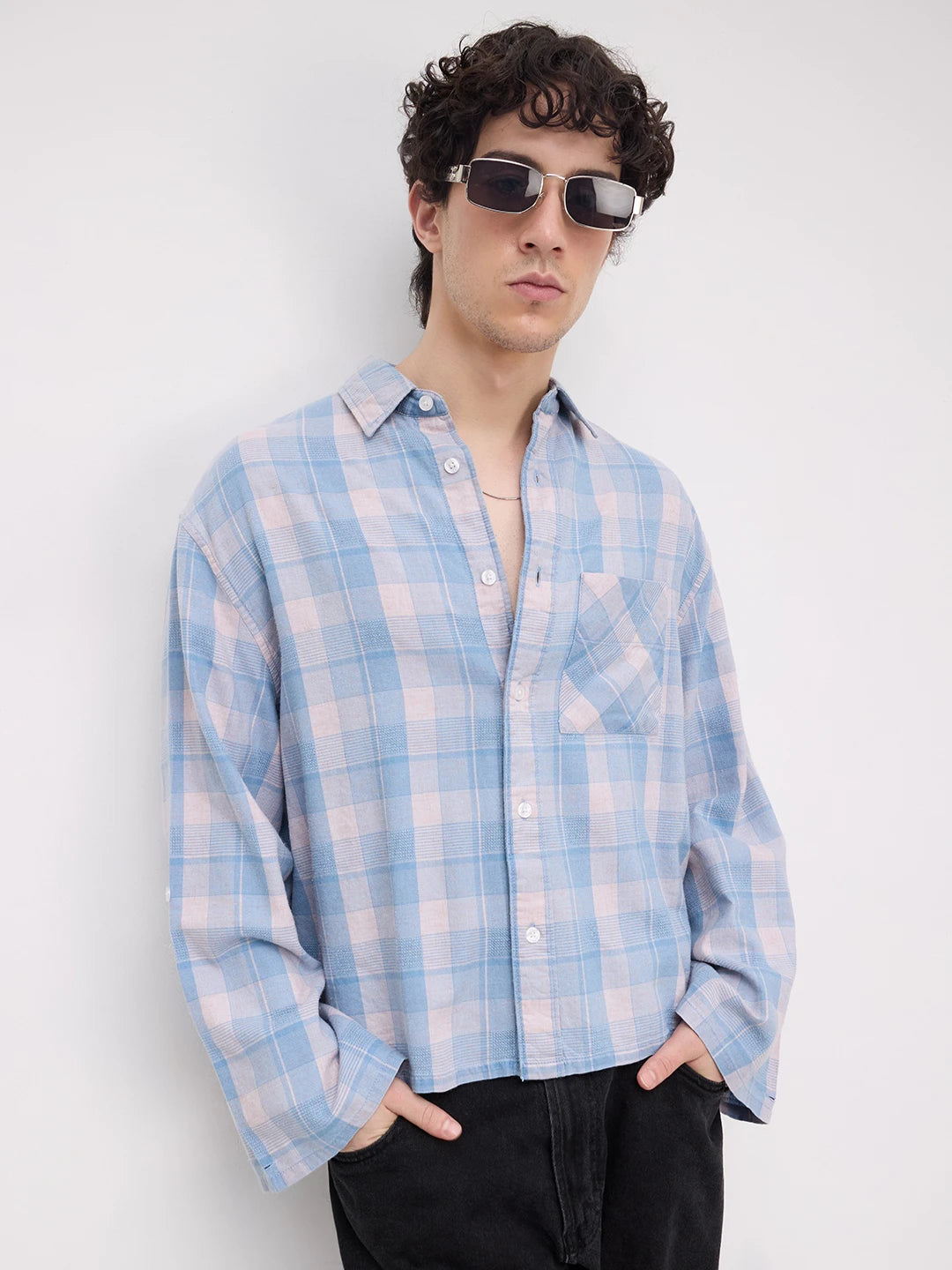 Luxe Denim Square Checks Cuffless Oversized Crop Shirt