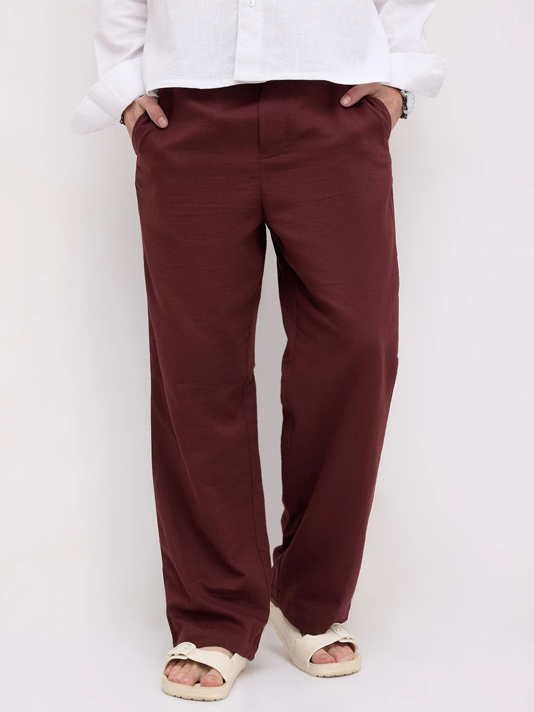 Maroon Herringbone Textured Straight Fit Trousers