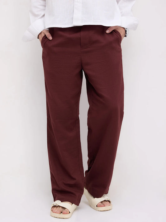 Maroon Herringbone Textured Straight Fit Trousers