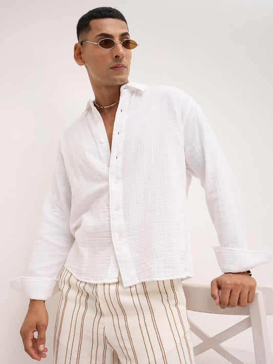 Cloud White Double Cloth Boxy Fit Crop Shirt