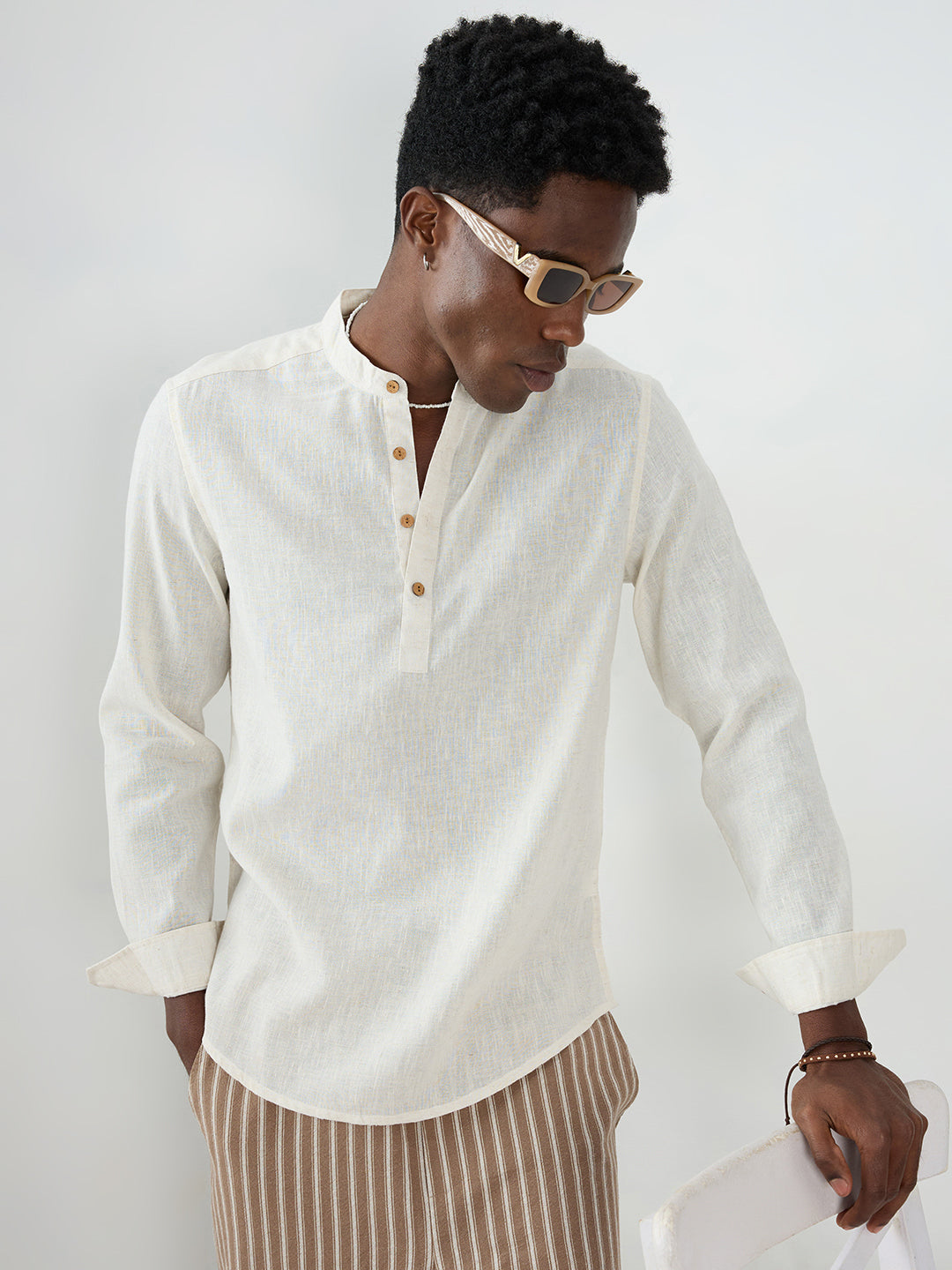 Cream Fine Slub Textured Sheer Kurta