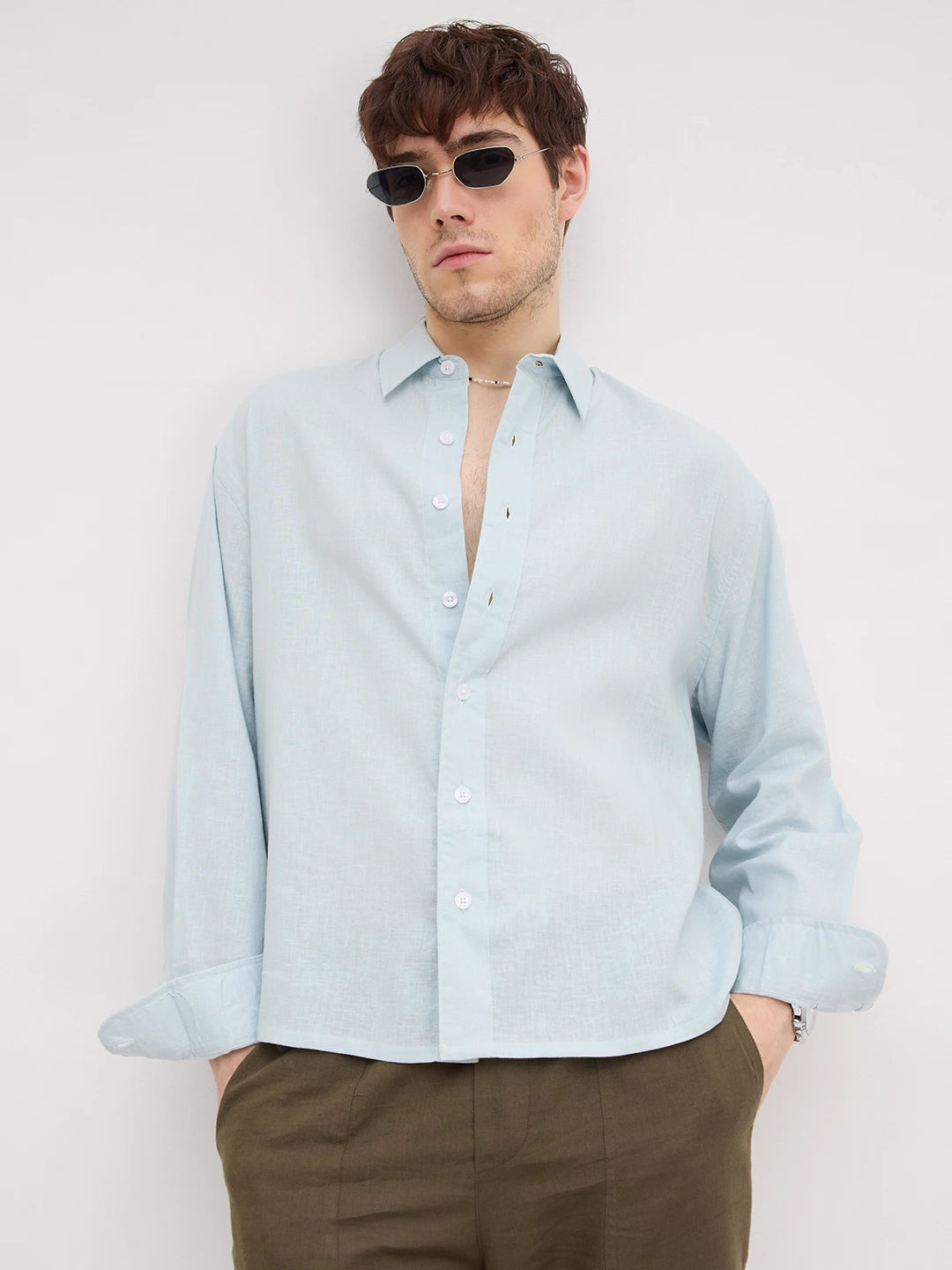 Sheer Baby Blue Boxy Fit Crop Shirt