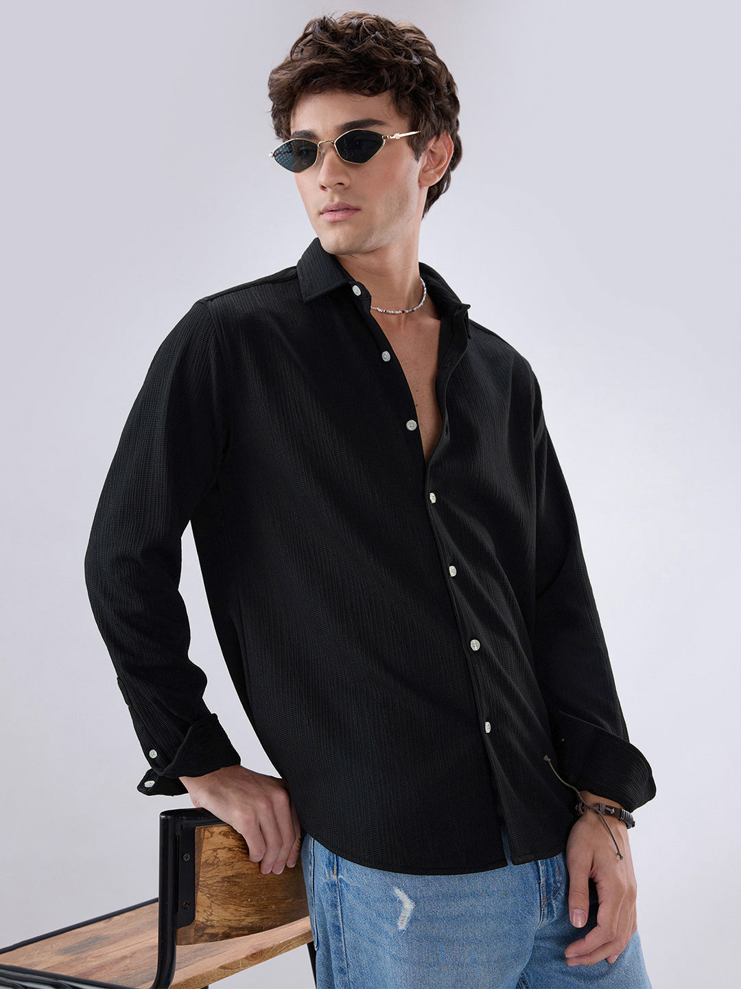Jet Black Matrix Weave Knitted Shirt