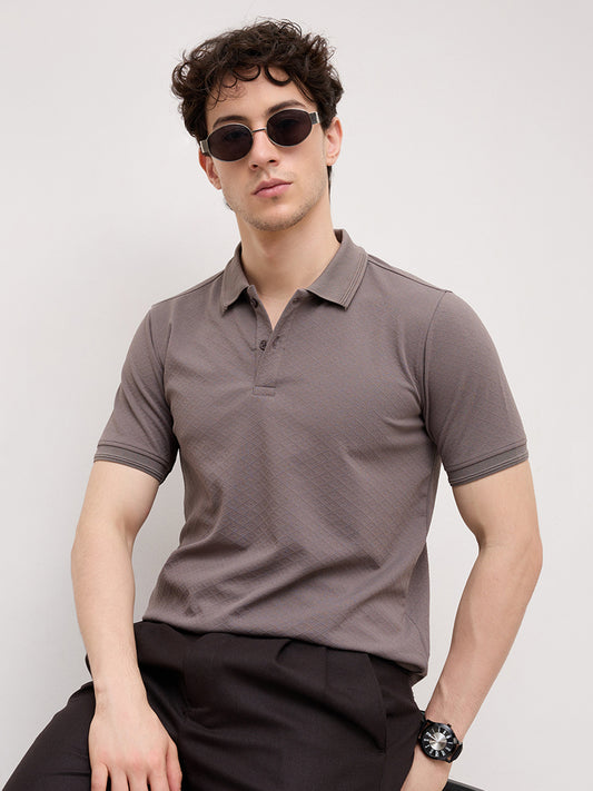 Grey Diamond Weave Polo Knit T-Shirt