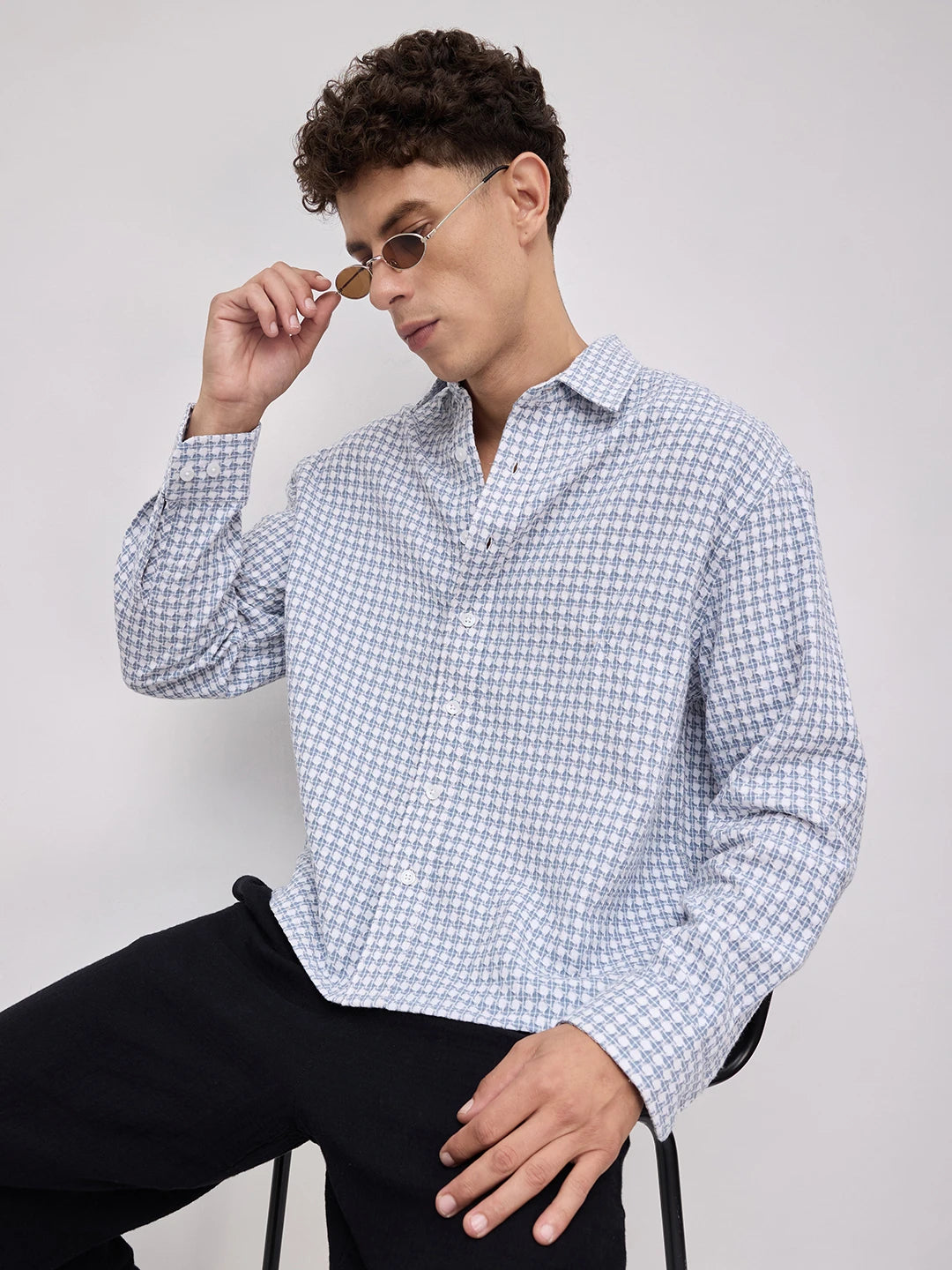 Slate Blue Mosaic Textured Boxy Fit Crop Shirt